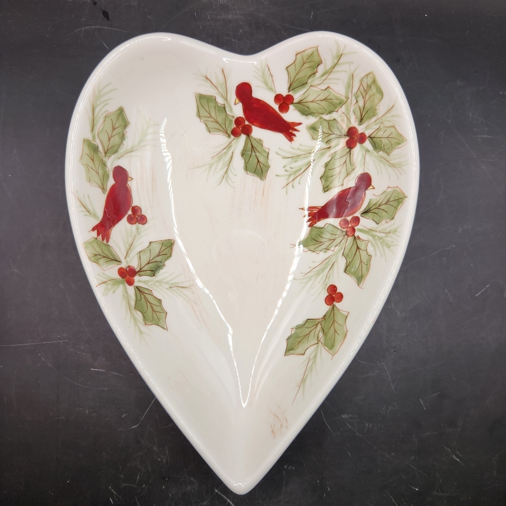 Gates Ware Heart Shaped Bowl with Cardinals & Holly Berries